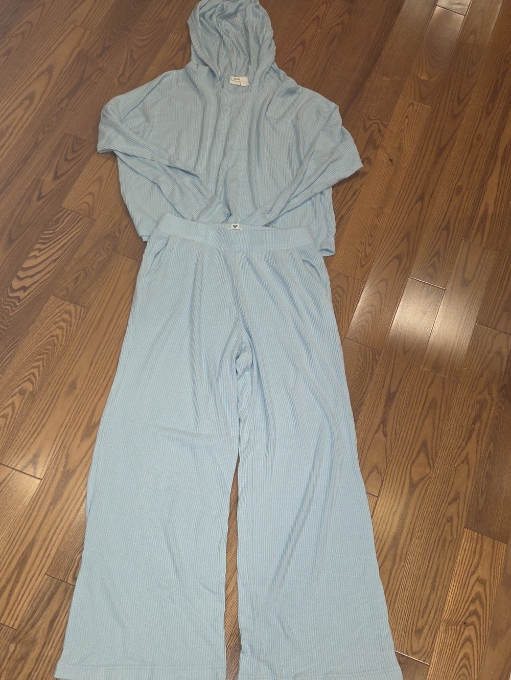 Roxy Light Blue Ribbed Hoodie & Wide-Leg Lounge Set